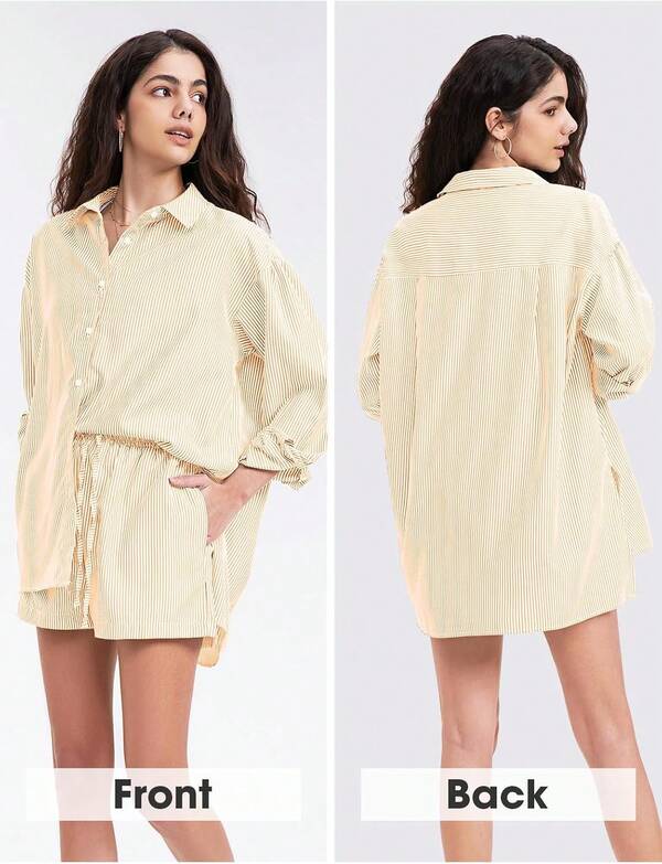 EXLURA - Conjunto de 2 piezas para mujer, de manga larga con botones, conjunto corto a juego, pijama de gran tamaño