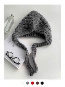 1 件女士纯色厚针织护耳拉法帽，秋冬新款保暖修脸针织帽，简约纯色拉法帽针织保暖耳罩头饰