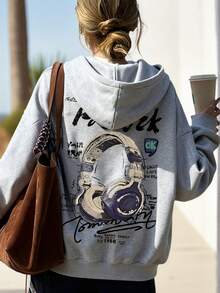 女士秋冬新款极简手绘耳机及艺术文字图案印花休闲套头连帽卫衣，百搭时尚 - 深花灰 - 查看 6