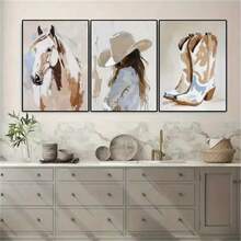 3 PCS Optinal Framed Posters Wall Arts Western Cowgirl & Horse Canvas Art Prints Modern Wall Decor For Living Room, Bedroom, Office - Charming Cowboy