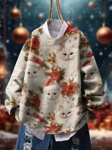 花卉和猫咪印花设计[轻盈]休闲圆领长袖毛衣，女款 - 彩色 - 查看 1