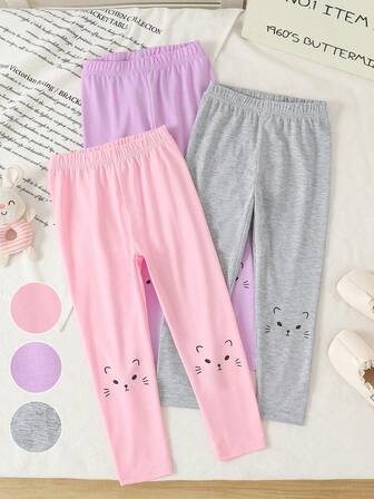 Leggings básicos de unicolor con estampado de gato lindo y casual para niñas