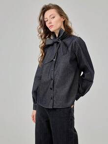 Elegant Women's Front-Breasted Denim Top Coat Retro Lace-Up Women's Streetwear Long-Sleeved Top - Blue - View 1