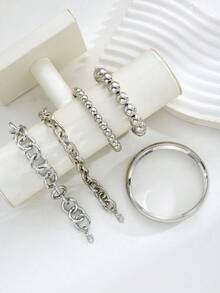 Bộ 5 vòng tay dây xích và hạt cườm kiểu cổ điển tối giản, thiết kế hình đồng xu cũ, phụ kiện dành cho nữ, thích hợp cho hẹn hò, kỳ nghỉ, trang phục hàng ngày, tiệc tùng, quà tặng lễ hội. - Bạc - Xem 5