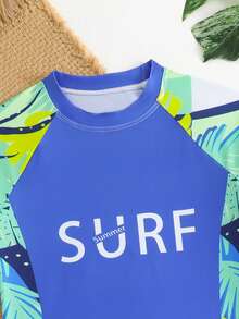 This 2 Pieces Swimsuit Is Fashionable And Refreshing, Making It An Ideal Choice For Summer Leisure And Vacation, Designed Specifically For Young Boys. It Features A Color Block Design With A Digital Print Of Brown Tree Patterns. This Stretchy, Quick-Drying And Comfortable Swimsuit Is Perfect For Beach Vacations, Pool Parties, Surfing And Travel. - Blue - View 5