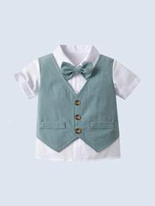 BOARNSEORL 2pcs Young Boys Gentleman Outfit - Mint Green Vest Top With Shirt & Bow Tie, Shorts, Stylish Formal Attire Suitable For Baby Shower, Birthday Party, Wedding, Ring Bearer - Blue - View 4