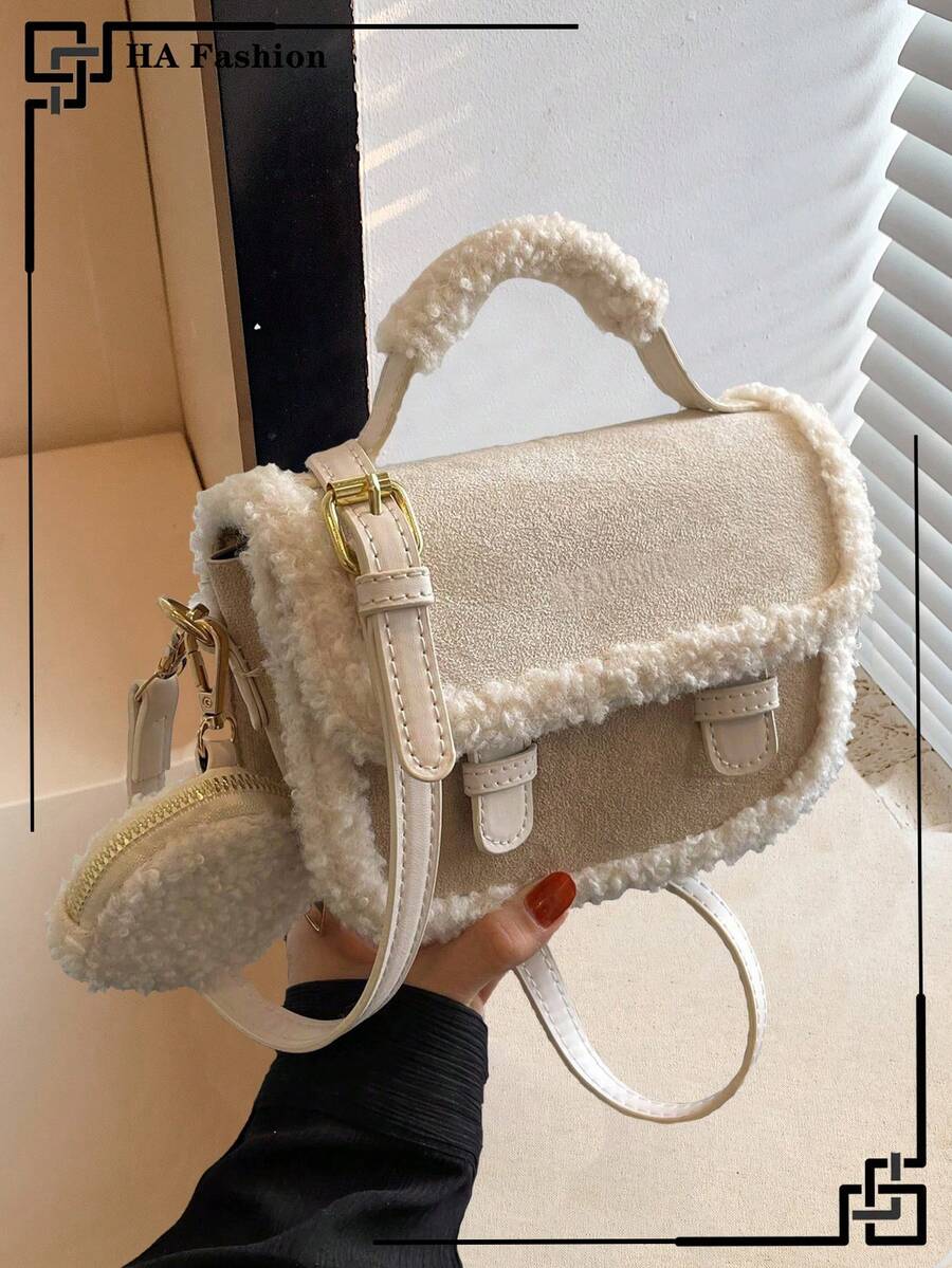 Fashionable Suede Beige Vintage Furry Mini Square Handbag, New Arrival Fur Bag For Women