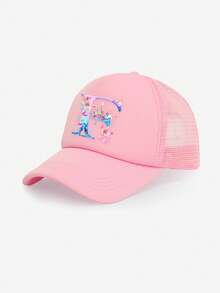 1顶女童粉色花卉城堡装饰字母图案卡车帽，26个字母个性化设计，时尚甜美可爱，透气镂空遮阳棒球帽，适合作为3-8岁女孩的生日/节日礼物，春夏日常、上学、户外活动皆宜。 - 粉色 - 查看 16