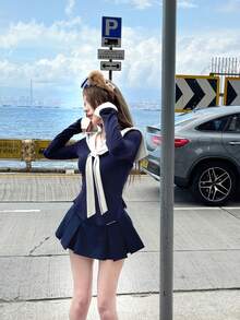 New Women Elastic Knit Long Sleeve Top, Slim Fit Flattering Collegiate Chic Autumn Basic Fitted T-Shirt Camisole - Royal Blue - View 2