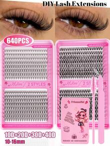 640pcs Cluster False Eyelashes Set, 10D/20D/30D/40D Mixed Synthetic Mink Hair Lashes, 0.07mm Curl, 8-16mm Length, Including Natural Style Lashes, 3D Russian Volume, Suitable For Beginners, Reusable, Suitable For Home Wear, Individual Lashes, Suitable For Travel, Daily Wear (Suitable For Beginners), Weddings, Dates, Parties, Holidays, Ideal As Christmas/Halloween/Gift Eyelash Set. - D - 查看 1