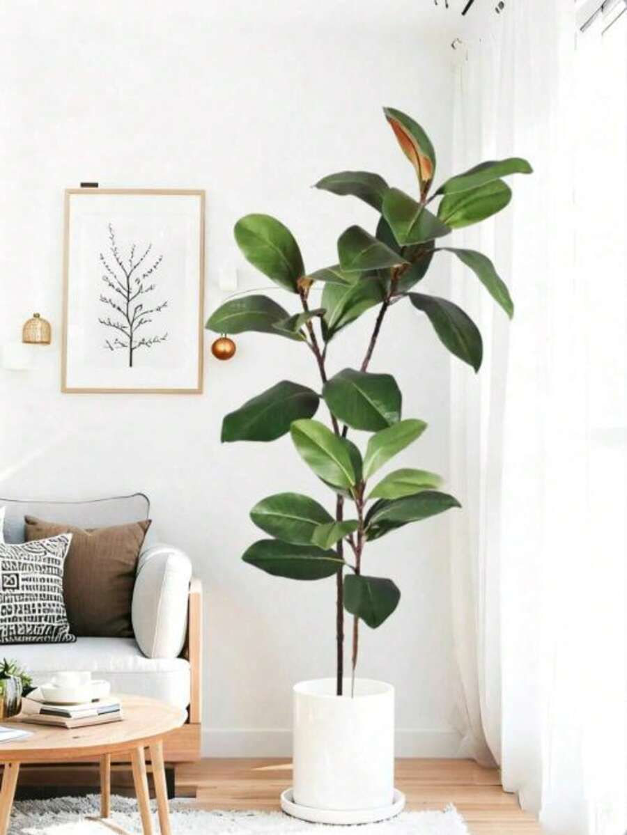 人造玉兰树、仿真橡皮树、塑料榕树叶、绿色榕树枝（不含花盆），适用于家居、花园、派对、酒店装饰和橱窗展示 DIY