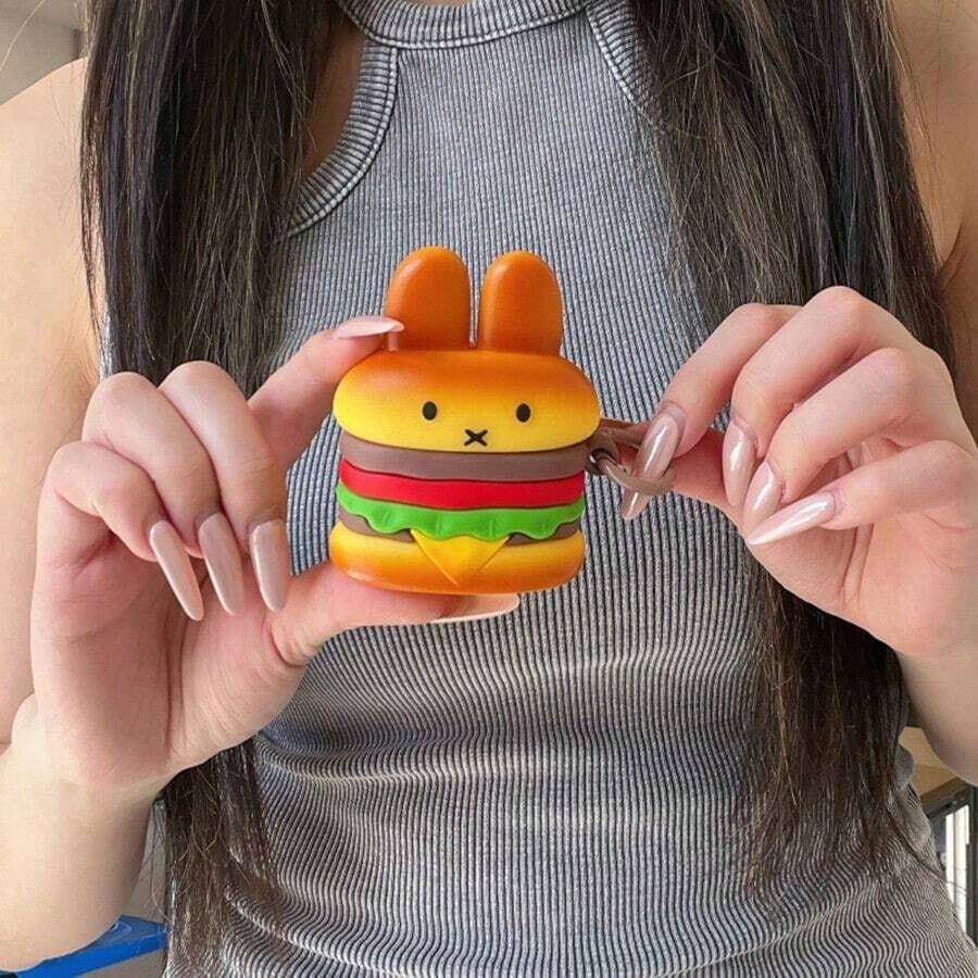 TaoKinall ForAirPods 1/2/3/4/Pro 2/Pro 3, Cute Cartoon Kawaii Funny 3D Soft Silicone Rabbit Burger Design Cover With Carabiner, Stylish Protective Boys Girls Teens Women - 彩色 - 查看 1
