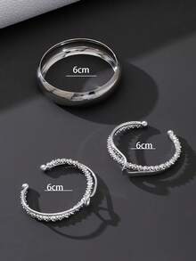 1pc Women Silver Metal Glossy Plain Bangle, 2pcs Women Criss-Cross Rope Wavy Bangle Set - Silver - View 5