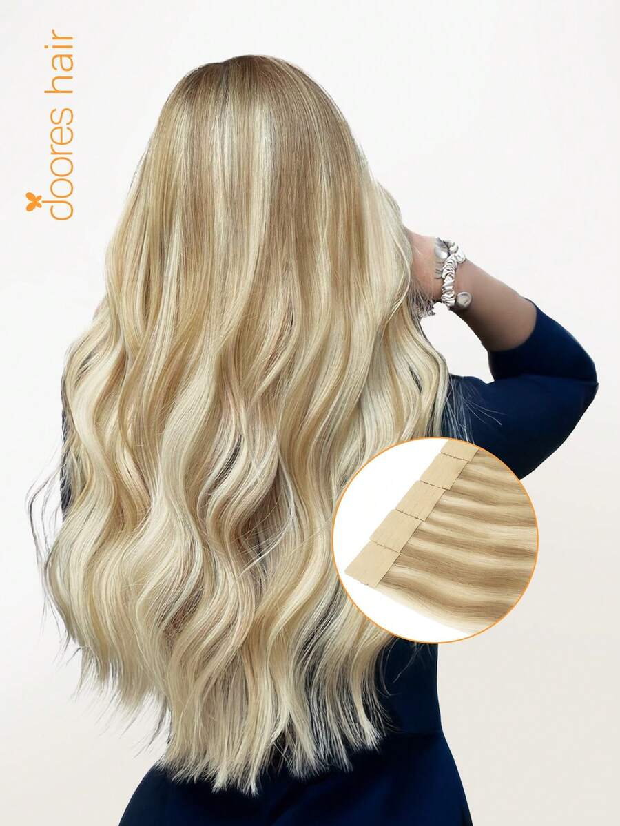 DOORES 50g 20pcs Film Hair Extensions 100% Human Remy Hair Deep Gold Highlight Bleached Gold Heat Resistant Dyeable Seamless Film Bonding Straight Hair Add Volume And Length