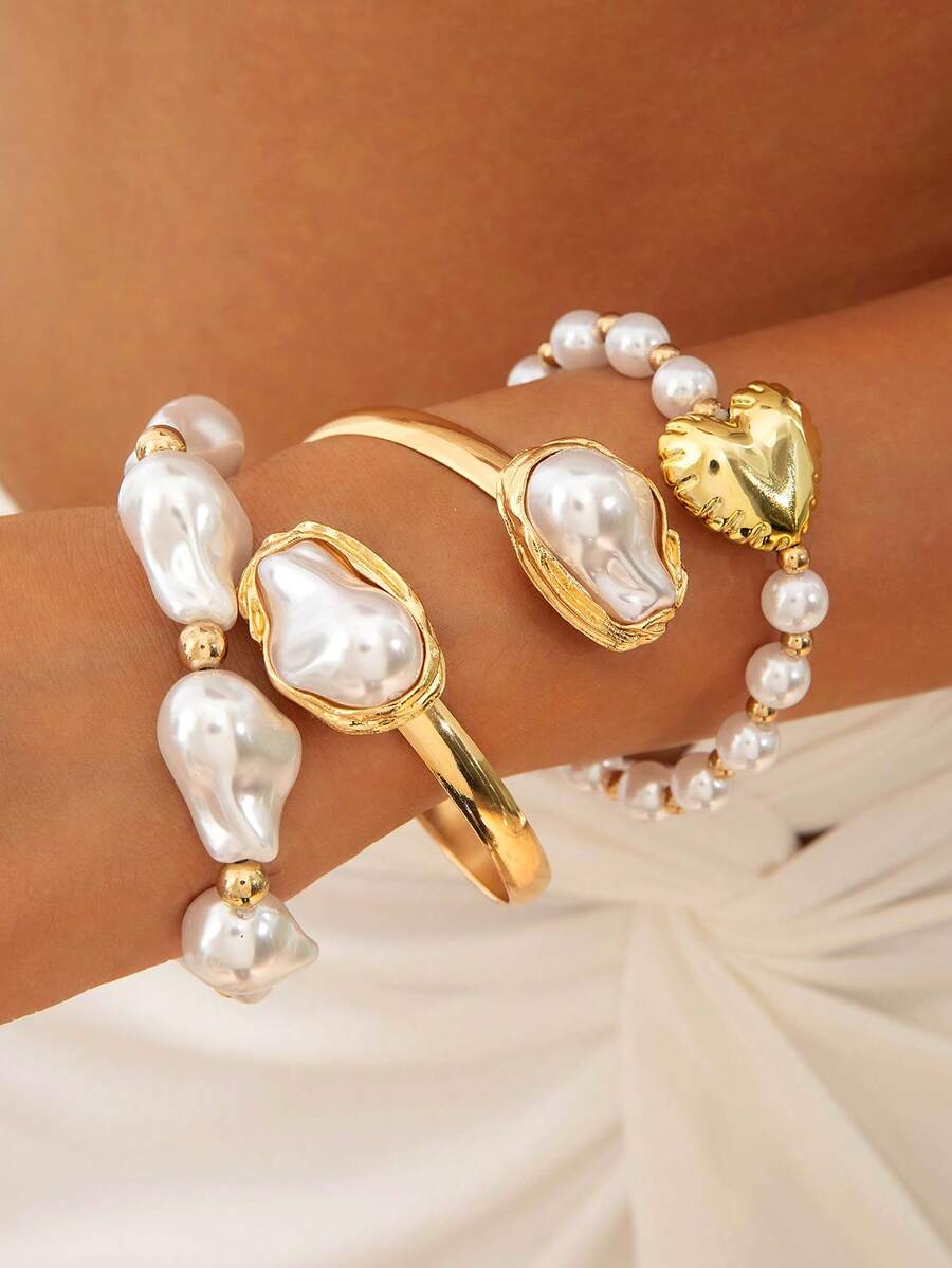 3pcs Minimalist Fashion Metal Wide Bangle Bracelet Set, Asymmetrical Pearl, CCB Peach Heart Geometric Bracelet, Suitable For Daily Wear And Any Occasion, Perfect Gift