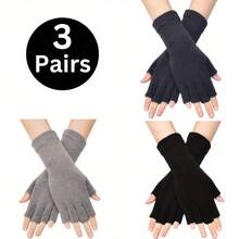 3 Pairs Of Extended Half Finger Cycling Gloves,Half Finger Winter Knit Gloves With Long Wrist Cuff, Cozy And Stylish Mittens For Cold Weather,Cycling Gloves, Skiing Gloves, Casual Sports Gloves,New Year's And Valentine's Day Gifts - Multicolor - View 2