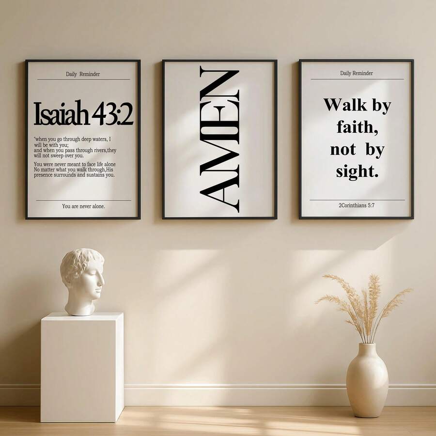 三分之一联黑白基督教墙画，圣经经文帆布印刷画 | 现代宗教装饰画，适用于卧室、客厅或办公室家居装饰，简约经文海报，送她的礼物，不含框 - 彩色 - 查看 1