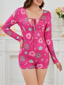 1 pieza Mono de manga larga con cuello en V sexy y cordones para mujer, silueta ajustada, mono de uso doméstico para primavera/otoño con estampado aleatorio - Rosa Fucsia - Ver 5
