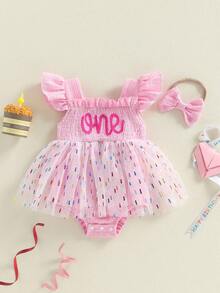 Baby Girl 1st Birthday Clothes One Year Old Tulle Romper Flying Sleeve Bodysuit Cake Smash Outfits - 粉色 - 查看 4