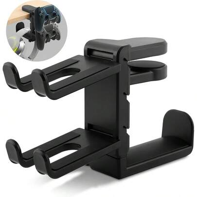 Soporte giratorio para auriculares, soporte para auriculares para juegos de PC, soporte para gamepad, soporte para auriculares con clip ajustable, gancho para auriculares con clip debajo del escritorio 3 en 1 con rotación de 360 ​​grados y clip para cable.