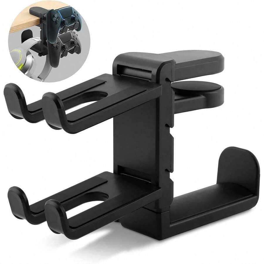Soporte giratorio para auriculares, soporte para auriculares para juegos de PC, soporte para gamepad, soporte para auriculares con clip ajustable, gancho para auriculares con clip debajo del escritorio 3 en 1 con rotación de 360 ​​grados y clip para cable. - Negro - Ver 1
