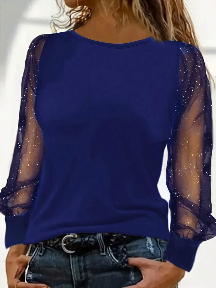 Blue Round Neck Sequin Mesh Patchwork Long Sleeve Top, Lantern Sleeve Design, Slimming Versatile Blouse For Women, Suitable For Spring, Summer, Date, Commute, Festival Outfits, Beach Outfits Vacation - Royal Blue - View 1
