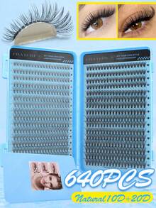640/544片装睫毛胶水套装，打造自然浓密睫毛。D型卷翘假睫毛，柔软蓬松，长度9-16毫米，簇状睫毛，单根睫毛，DIY睫毛嫁接，自然簇状睫毛。10D+20D/30D+40D/50D+60D/80D+100D卷翘睫毛组合套装。包含胶水、定型液、睫毛镊子和睫毛刷，新手友好。