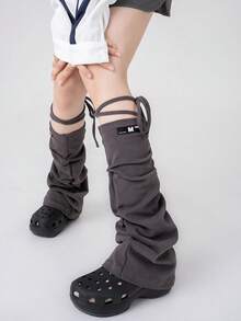 polve 1 Pair Solid Color Non-Woven Fabric Lace-Up Leg Warmers, Y2K Japanese Style, Slim Fit, Available In Dark Gray, White, Light Gray, Khaki, Black, Drawstring Binding Design, Flared Leg Warmers