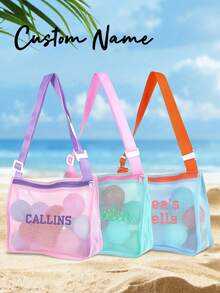 个性化网眼沙滩包，定制儿童贝壳图案手提袋，情人节礼物（男女皆宜），便携式沙滩玩具收纳速干游泳包，儿童度假必备，旅行整理包 - 彩色 - 查看 2
