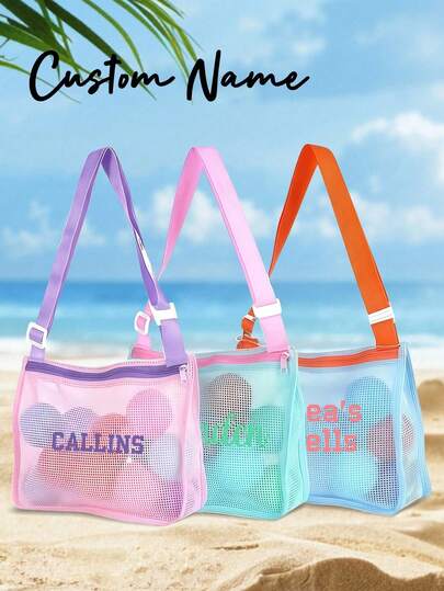 Personalized Mesh Beach Bag, Customized Children's Shell Collection Tote Bag, Valentine's Day Gift (Suitable For Boys And Girls), Portable Beach Toy Storage Quick-Dry Swimming Bag, Essential For Kids Vacation