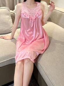 Ladies' Sexy Sleeveless Travel Nightgown With Solid Color Lace Details, Straight Tube Skirt Silhouette, Lightweight And Comfortable, Summer Hotel Sleepwear, Suitable For All Sizes - Hồng - Xem 6