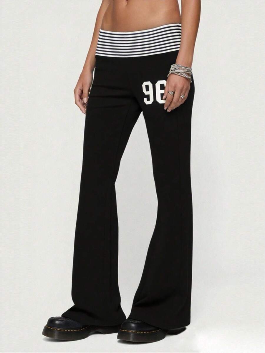 Y2k Flared Leggings Women Fold Over Low Waist Wed Leg Lounge Pants Cute Yoga Foldover Bell Bottoms Sweatpants - 黑色 - 查看 1