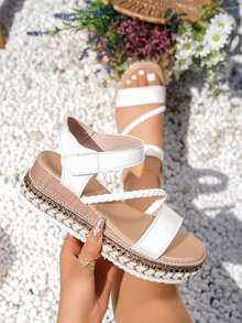 Women's White Braided Strap Platform Sandals - Studded Wedge Shoes For Vacation  White Studded Platform Sandals - Braided Strap Wedge Shoes For Women Comfortable Braided Strap Platform Sandals - White Studded Wedge Shoes For Outings  Summer White Platform Sandals - Braided Strap Studded Wedge Shoes  Plus Size White Braided Sandals - Studded Platform Wedge Comfort Shoes - 白色 - 查看 1