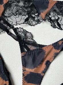 豹纹刺绣女士性感内衣吊袜带五件套，含手套和丝袜，情趣睡衣 - 棕色 - 查看 8