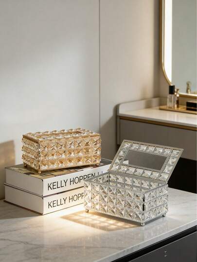 Internet Celebrity Nordic Style Living Room Light Luxury Crystal Tissue Box, Home Creative Minimalist Napkin Paper Storage,Rectangular Crystal Tissue Box Holder, Multi Functional Sparkling Crystal Tissue Box, Napkin Container For Bathroom/Table Decoration Gold Sliver,Toilet Roll Holder,Tissue Box Cover,Room Decor