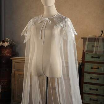 1pc Lace Trim Mesh Shawl Cape, Fashionable & Elegant Mini Train Cloak, Suitable For Wedding, Bride, Stage Performance