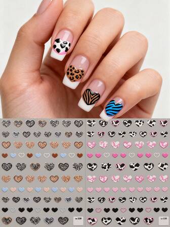 2 piezas Pegatinas de arte de uñas con estampado de corazón en relieve - Estampado de cebra, estampado de leopardo, diseño de lunares, pegatinas artísticas, acabado exquisito 5D, Día de San Valentín, Festival de música, Temporada de bodas, Carnaval, Tema del Festival de Ramadán, Fácil de aplicar decoración de uñas, DIY, Regalo, Maquillaje para fiesta de boda, Y2K