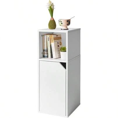 YMYNY ナイトテーブル スリム サイドテーブル 扉付き へたりにくいMDFボード コンパクト 簡単組み立て 隙間棚 ナイトスタンド ソファテーブル ベッド横 小物収納 寝室 玄関 棚 卓下 〔左開き〕 ホワイト HST016W