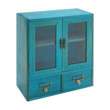Rainaut Set Of Freestanding Solid Wood Blue Rustic Vintage Mini Wood Counter Top Cabinet With 2 Drawers,Display Case With Magnetic Glass Door, Wall Storage Cabinet For Living Rooms, Kitchens, Offices, Bathrooms, Laundry Rooms, Dressing Rooms, Dormitories, Bedrooms, , And Other Places,Bue - 藍色 - 查看 6
