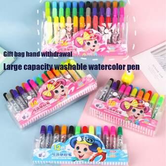 12/18/24/36 Colores Plumas de acuarela lavables a base de agua, Juego de pinceles para dibujo y pintura para niños en edad preescolar, Suministros de grafiti y coloración, Dibujo hecho a mano, Lápices de colores, Pintura de pigmentos, Regalo para niños