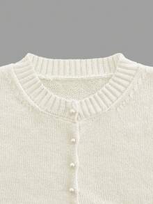 Round Neck Solid Color Pearl Button Short Sleeve Casual Versatile Knit Cardigan, Loose Fit, Suitable For Everyday Wear White Spring - White - View 9