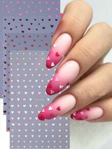 4张情人节主题美甲贴纸，白色、粉色、酒红色和闪光红色爱心图案，轻松DIY美甲装饰，女士及女孩美甲配件 - 彩色 - 查看 1