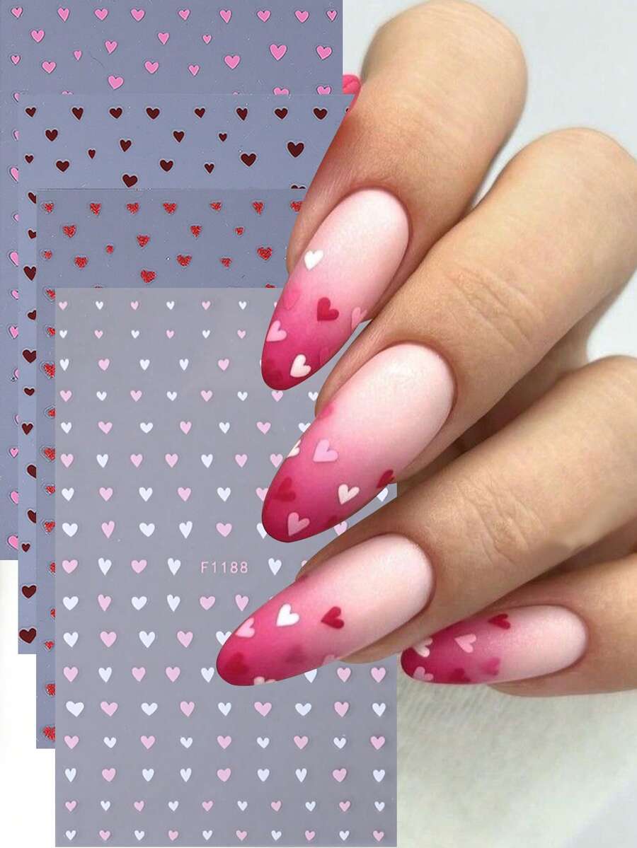 4张情人节主题美甲贴纸，白色、粉色、酒红色和闪光红色爱心图案，轻松DIY美甲装饰，女士及女孩美甲配件 - 彩色 - 查看 1