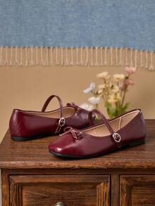 女士时尚方头休闲一脚蹬酒红色平底鞋，户外休闲高端风格平底鞋，适合春夏穿着；女士蝴蝶结玛丽珍芭蕾舞鞋，适合夏季穿着 - 酒紅色 - 查看 5