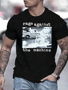 Black And White Scene Showing A Vintage Car With Its Hood Open, Surrounded By People And A Figure Engulfed In Intense Flames, Conveying A Powerful Message Of Social Protest. Men's T-Shirt, 100% Cotton, 220g - 黑色 - 查看 8