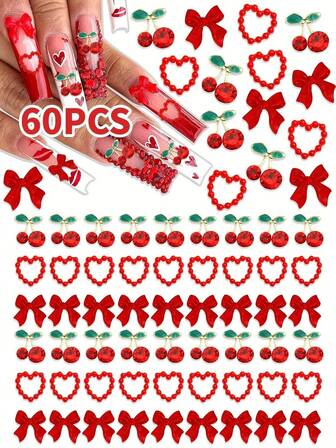 60 piezas Decoraciones de uñas con lazos rojos, corazones acrílicos planos, dijes de cereza de aleación, gemas y rhinestones para manualidades de diseño de arte de uñas de mujer