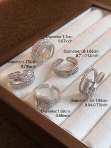 5pcs Adjustable Open Ring Set + Gift Box, Luxury Exaggerated Fashion Design Cubic Zirconia Rings, Suitable For Banquet, Party, Wedding, Bridal Wear - Silver - View 4