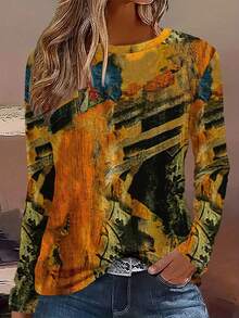 Women's Elegant Abstract Print Long Sleeve Round Neck Tunic Top - Vibrant Yellow, Orange, Green, Black & Brown H-Line Silhouette Blouse, Medium Stretch -Like Texture, Machine Washable Fall Winter Casual & Formal Outfits, Full-Body Abstract Print With Golden & Brown Hues, Relaxed Fit For Layering, No Padding, Regular Length, Elegant Women's Fashion Top, Womens  Shirt, Loose Shirts For Women, Shirts For Women - Nhiều màu - Xem 1