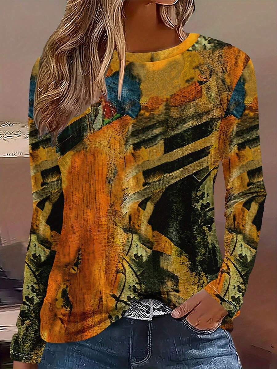 Women's Elegant Abstract Print Long Sleeve Round Neck Tunic Top - Vibrant Yellow, Orange, Green, Black & Brown H-Line Silhouette Blouse, Medium Stretch -Like Texture, Machine Washable Fall Winter Casual & Formal Outfits, Full-Body Abstract Print With Golden & Brown Hues, Relaxed Fit For Layering, No Padding, Regular Length, Elegant Women's Fashion Top, Womens  Shirt, Loose Shirts For Women, Shirts For Women - Nhiều màu - Xem 1