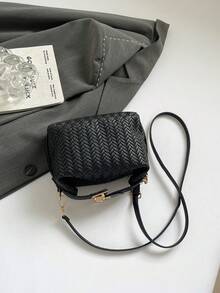 1 pieza Mini bolso con textura trenzada falsa en forma de caja, bolso bandolera de PU con correa ajustable y cremallera, bolso de mano de moda para uso diario, citas, compras, trabajo - Negro - Ver 11